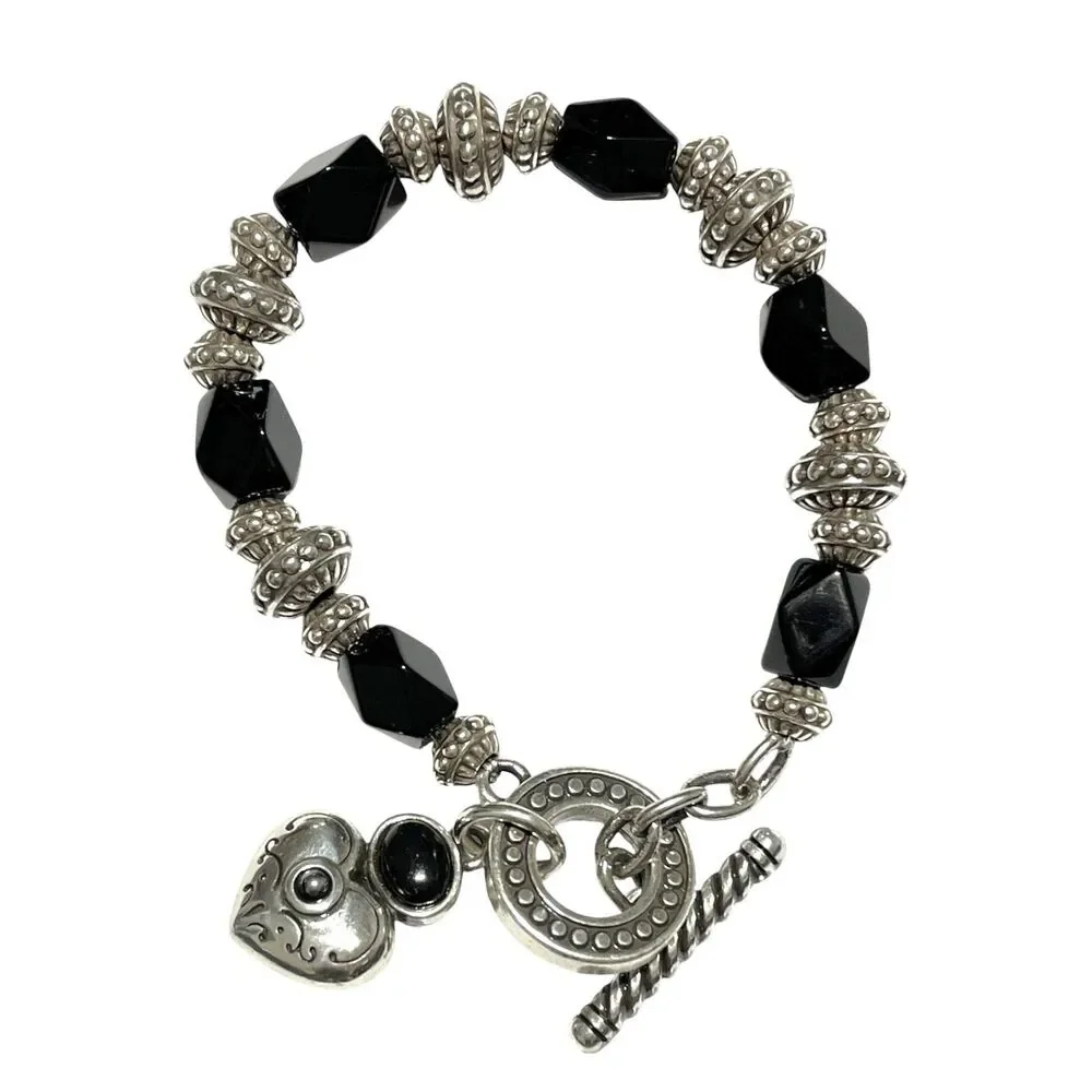 Brighton Toggle Bracelet Silver Plated Black Faceted Glass Bead Heart Love 7.5